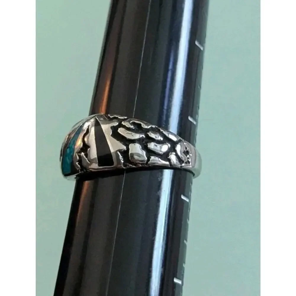Vtg COP Silver Tone Inlay Ring Faux Turquoise Black Onyx Mens 12.5 Southwestern
